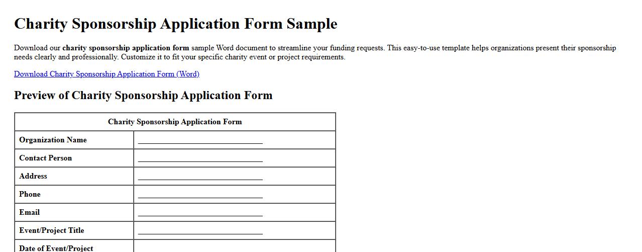 Charity sponsorship application form sample word doc image preview