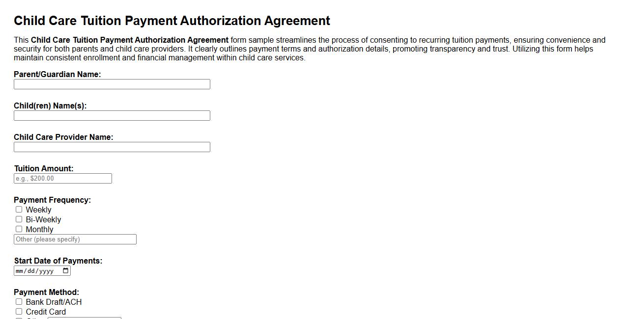 Child care tuition payment authorization agreement form sample image preview