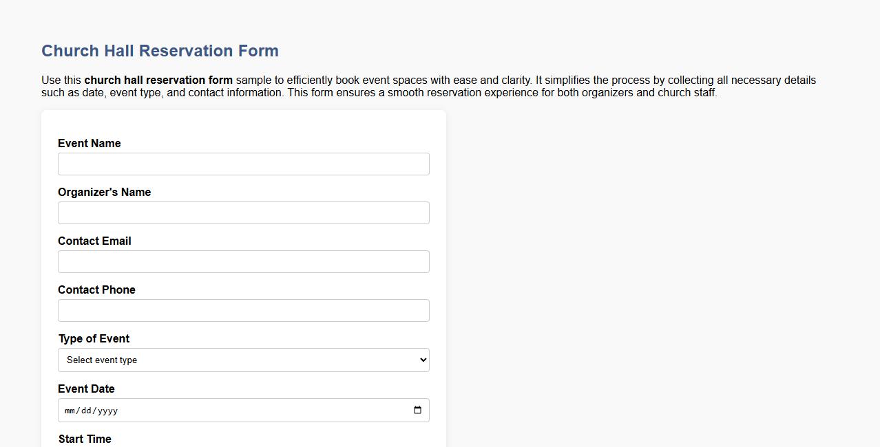 Church hall reservation form sample for events image preview
