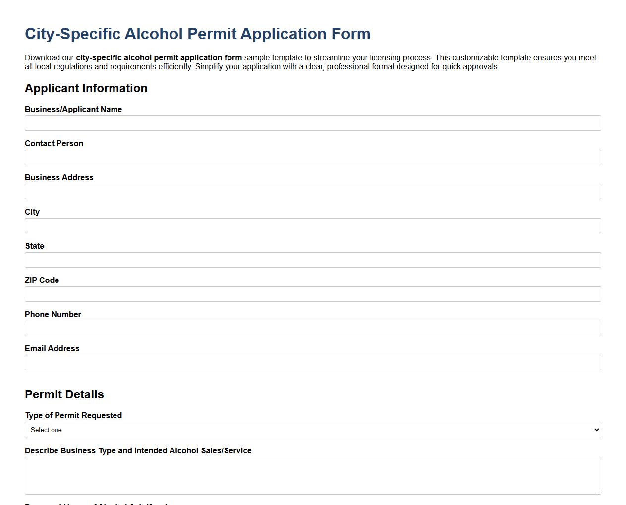 city-specific alcohol permit application form sample template image preview