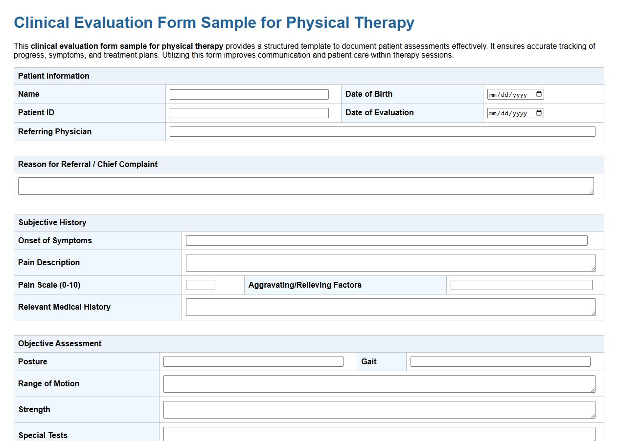 Clinical evaluation form sample for physical therapy image preview