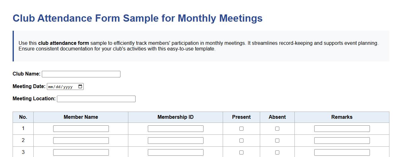 Club attendance form sample for monthly meetings image preview