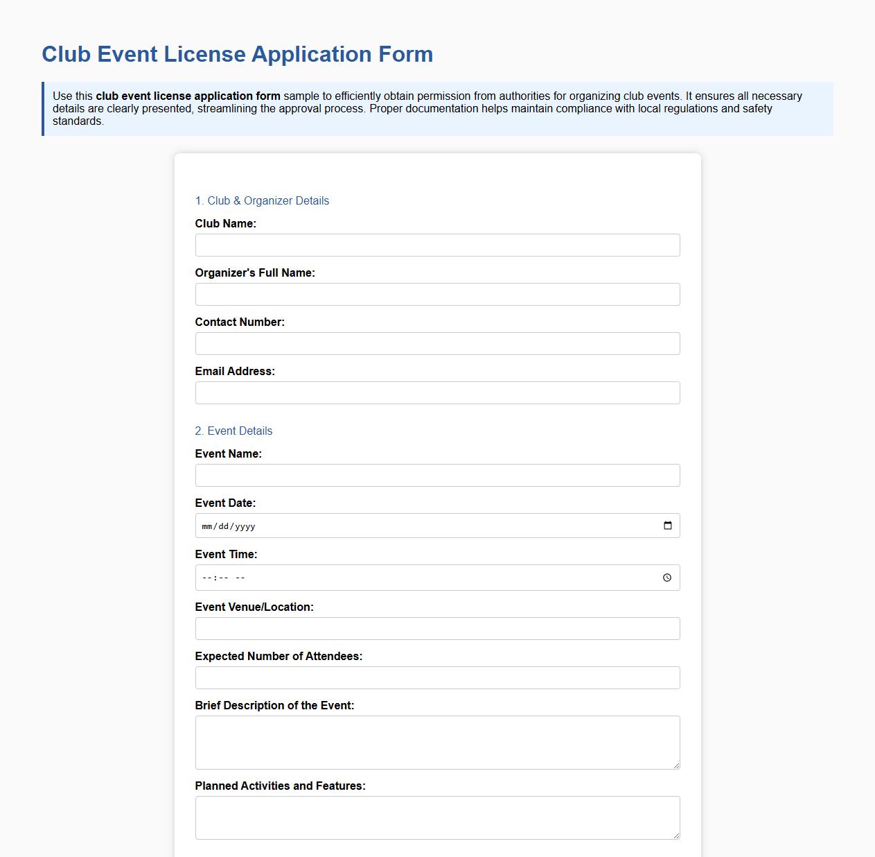 club event license application form sample for authorities image preview