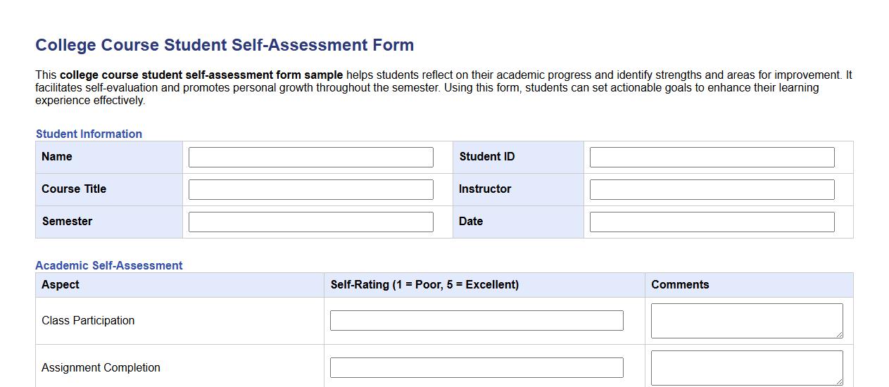 college course student self-assessment form sample image preview