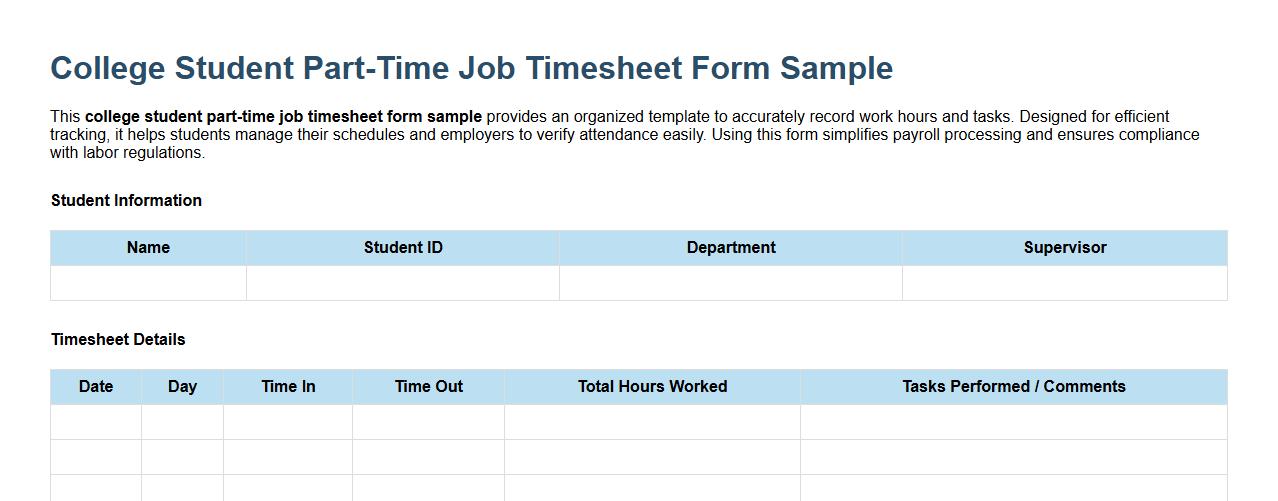 college student part-time job timesheet form sample image preview