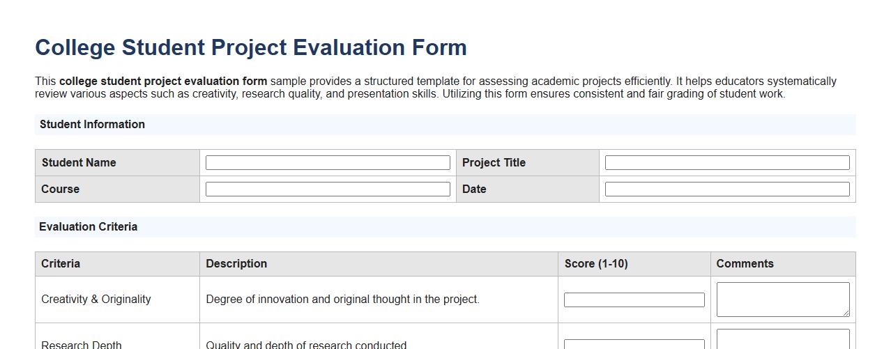 College student project evaluation form sample image preview