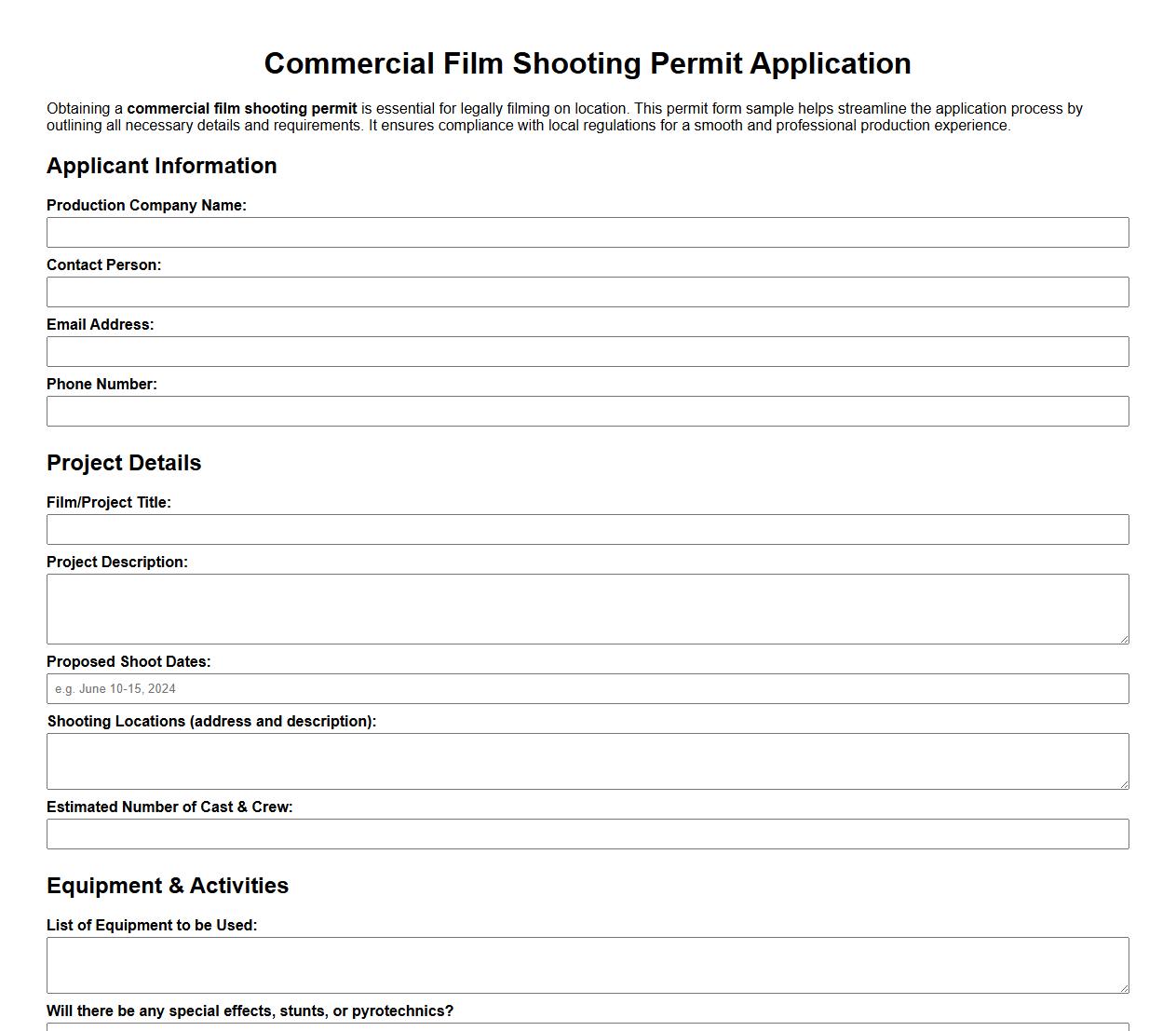 commercial film shooting permit form sample image preview