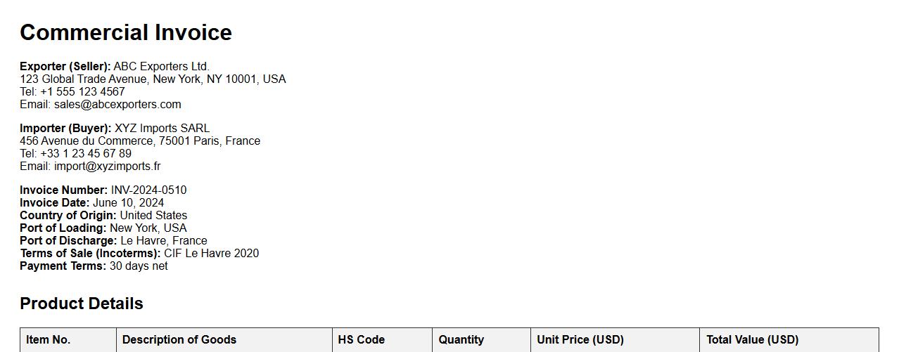 commercial invoice sample for international trade image preview