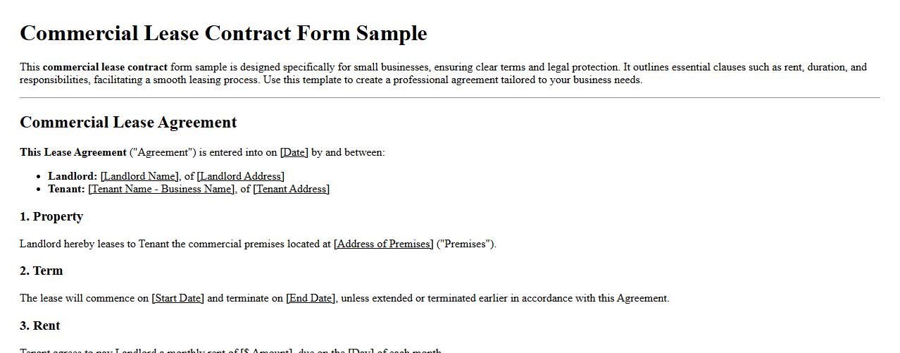Commercial lease contract form sample for small business image preview