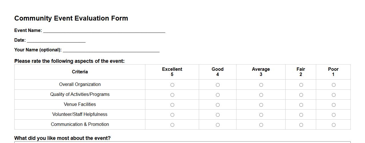community event evaluation form sample with rating scale image preview