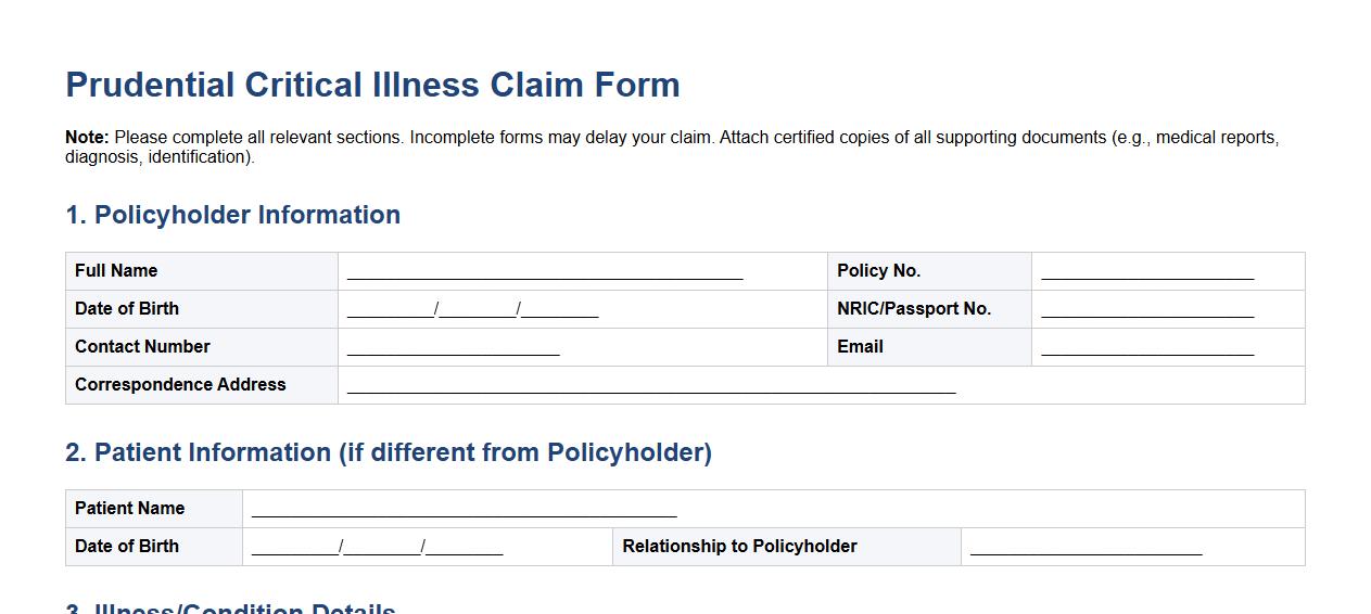 company-specific critical illness claim form sample for Prudential image preview