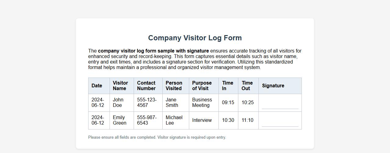 company visitor log form sample with signature image preview