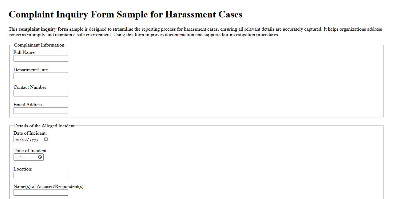 Complaint inquiry form sample for harassment cases image preview