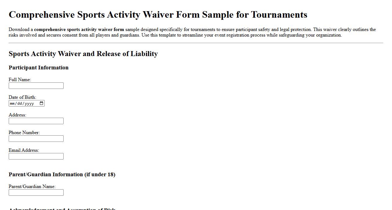 Comprehensive sports activity waiver form sample for tournaments image preview