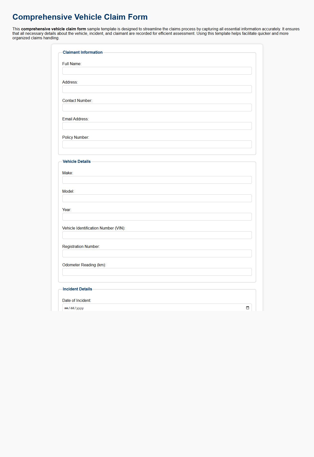 comprehensive vehicle claim form sample template image preview