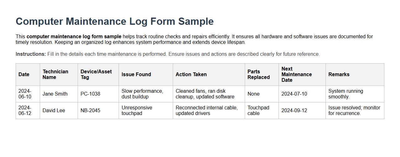 computer maintenance log form sample image preview