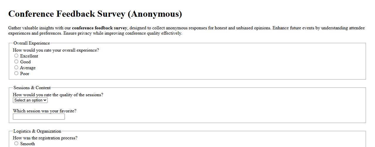 Conference feedback survey with anonymous responses image preview