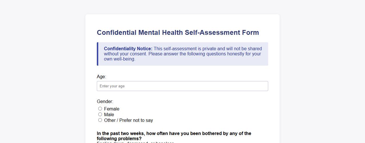 Confidential mental health self-assessment form sample image preview