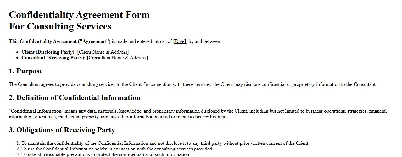confidentiality agreement form sample for consulting services image preview