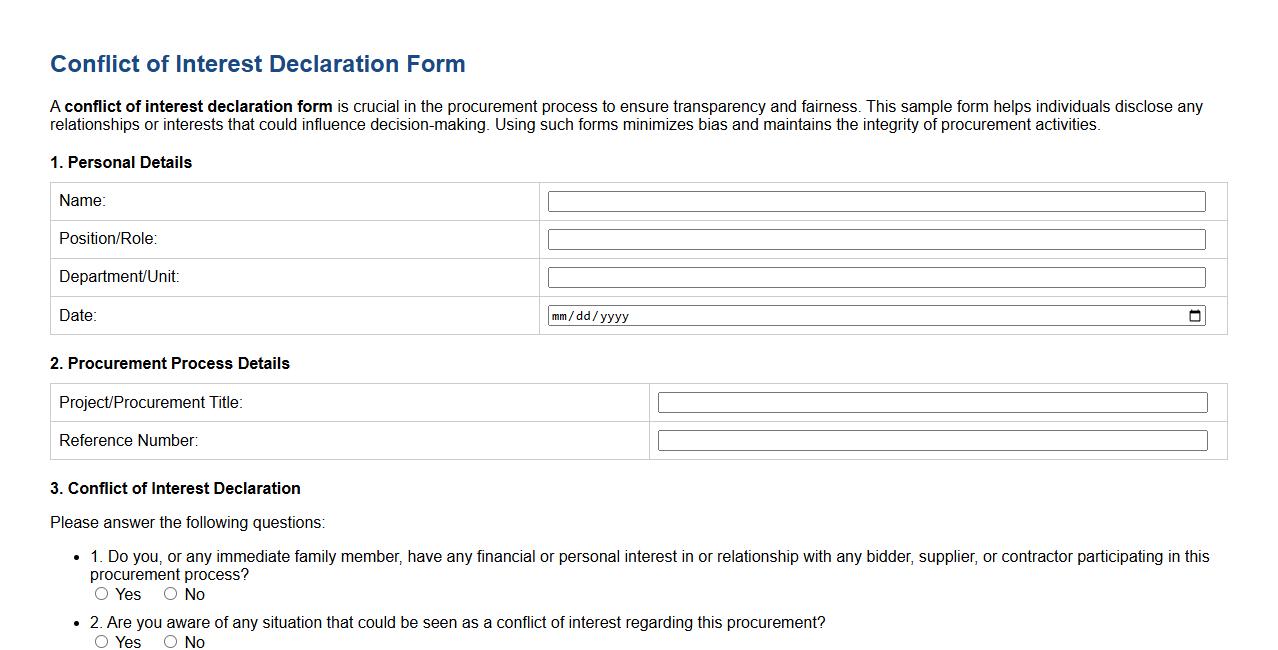 conflict of interest declaration form sample for procurement process image preview