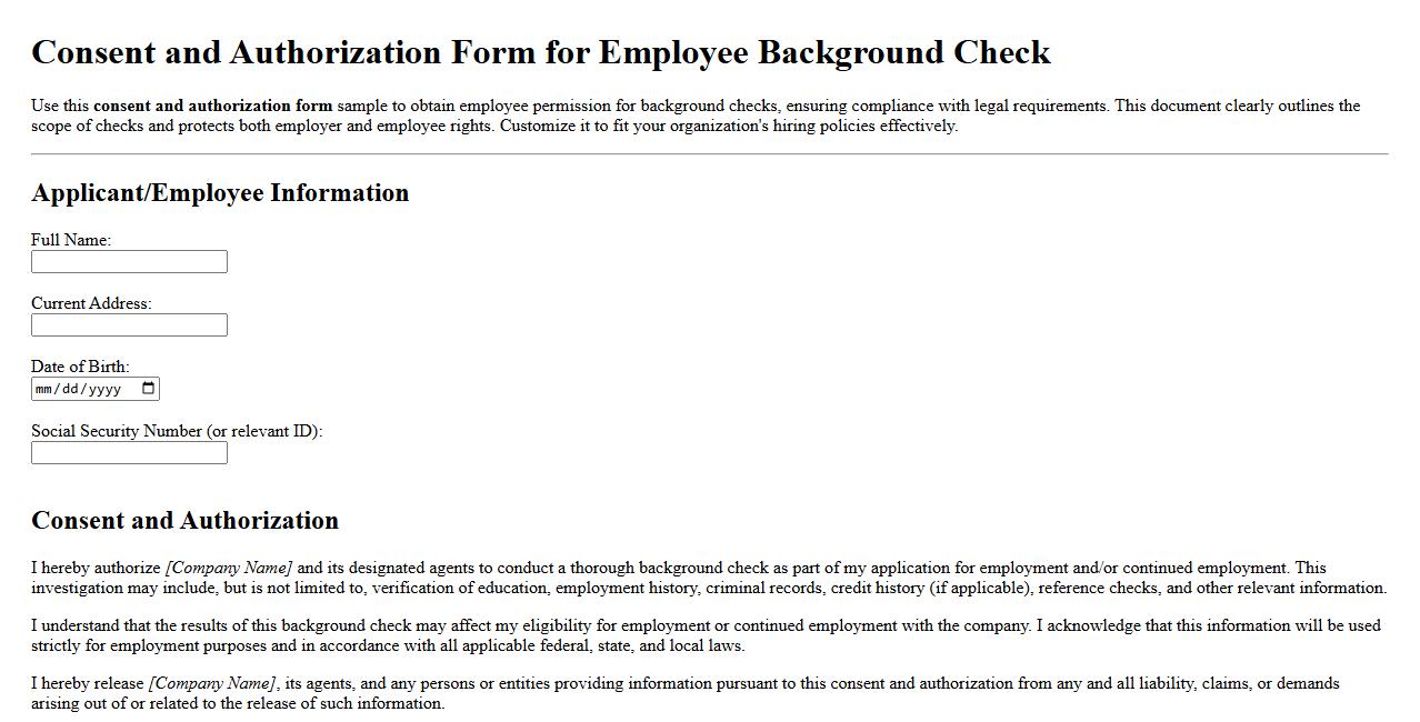 consent and authorization form sample for employee background check image preview
