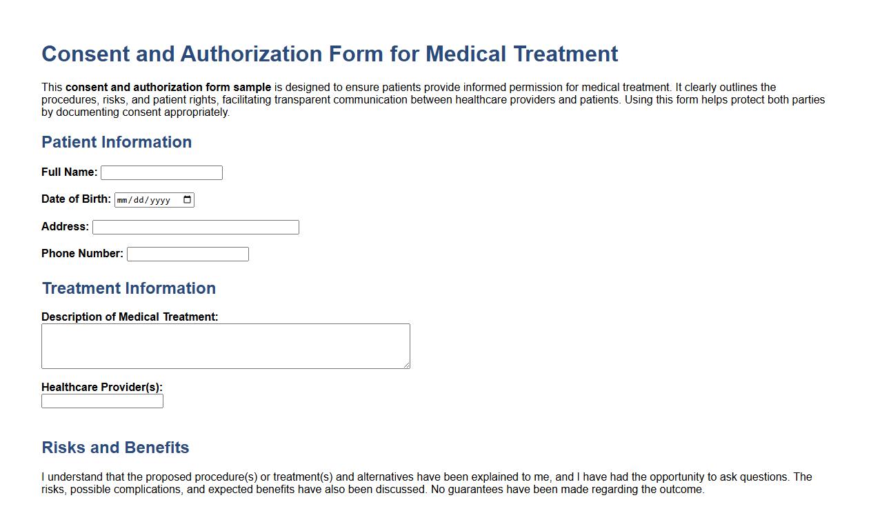 consent and authorization form sample for medical treatment image preview