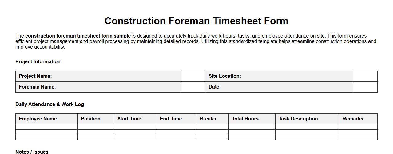 Construction foreman timesheet form sample image preview