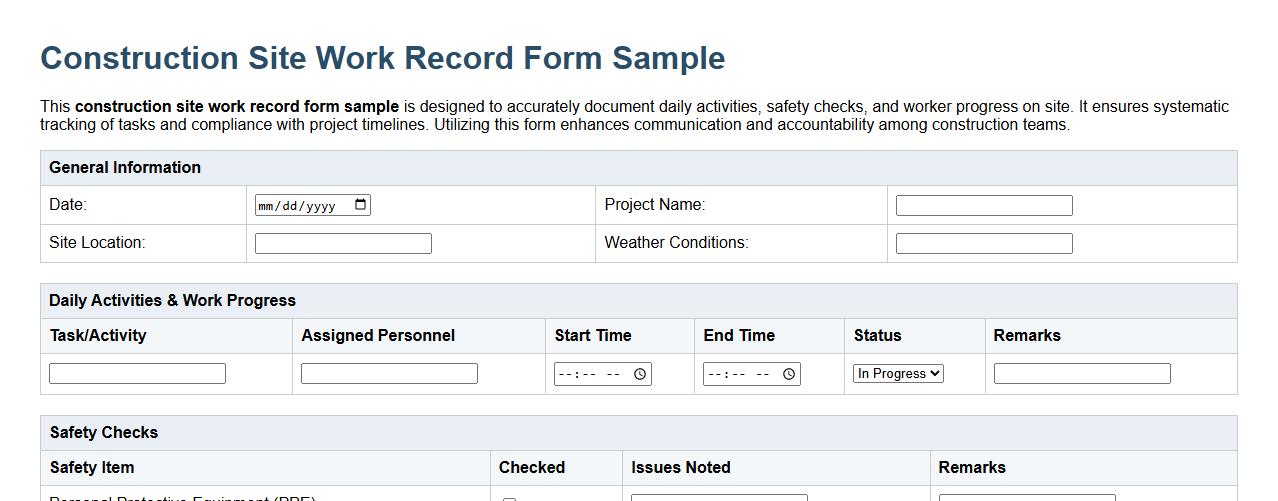 construction site work record form sample image preview