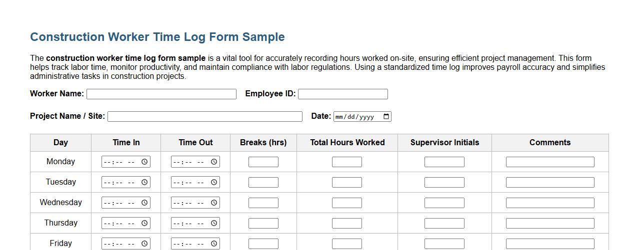 construction worker time log form sample image preview