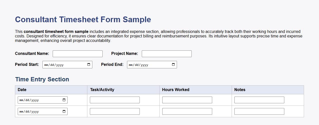 Consultant timesheet form sample with expense section image preview