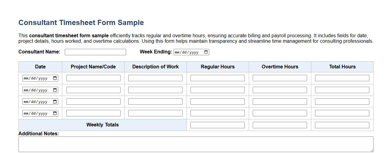 Consultant timesheet form sample including overtime hours image preview