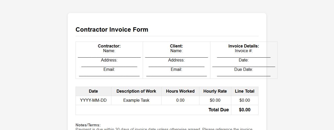 Contractor invoice form sample with hourly rates image preview
