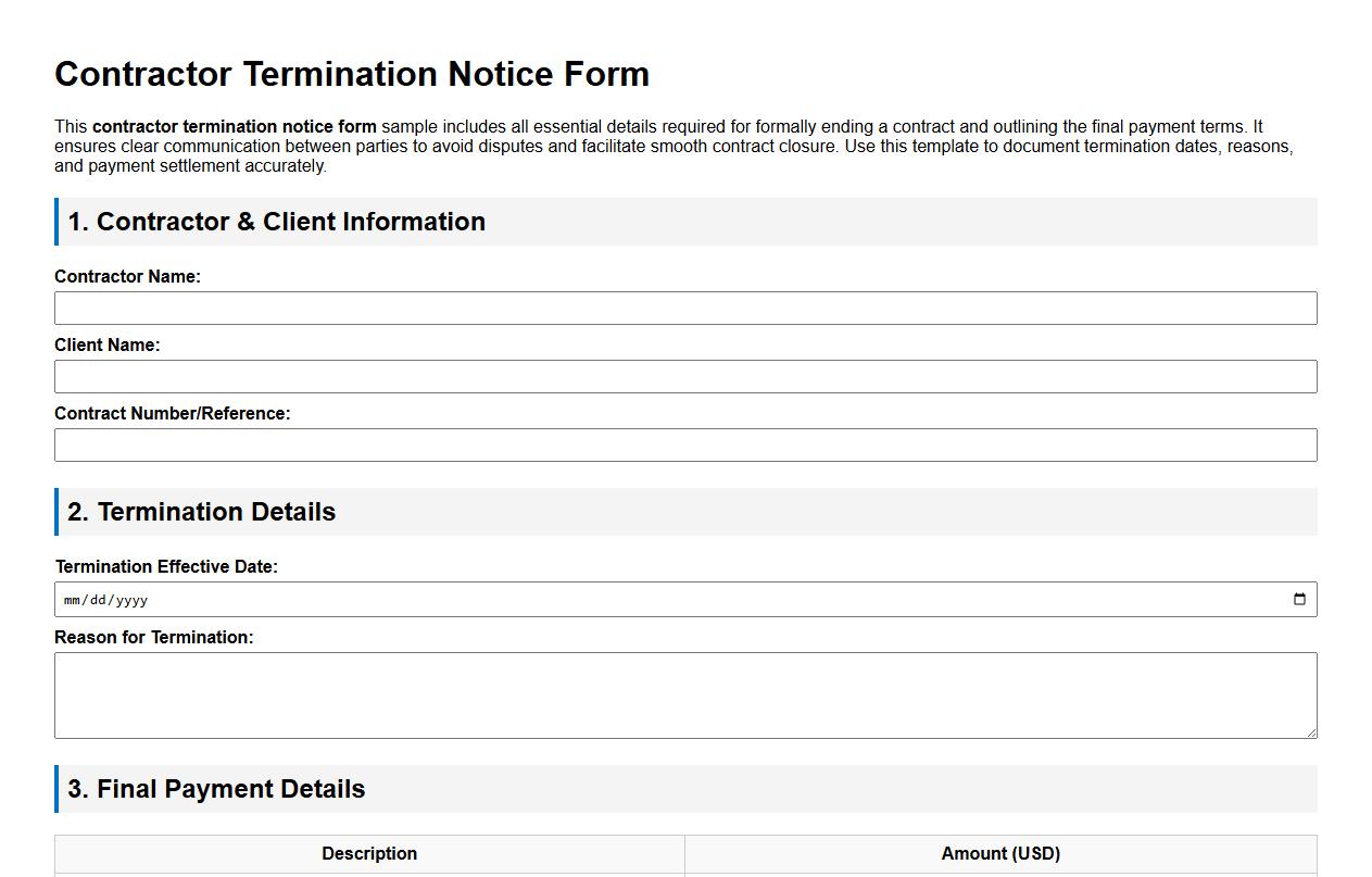 Contractor termination notice form sample with final payment details image preview