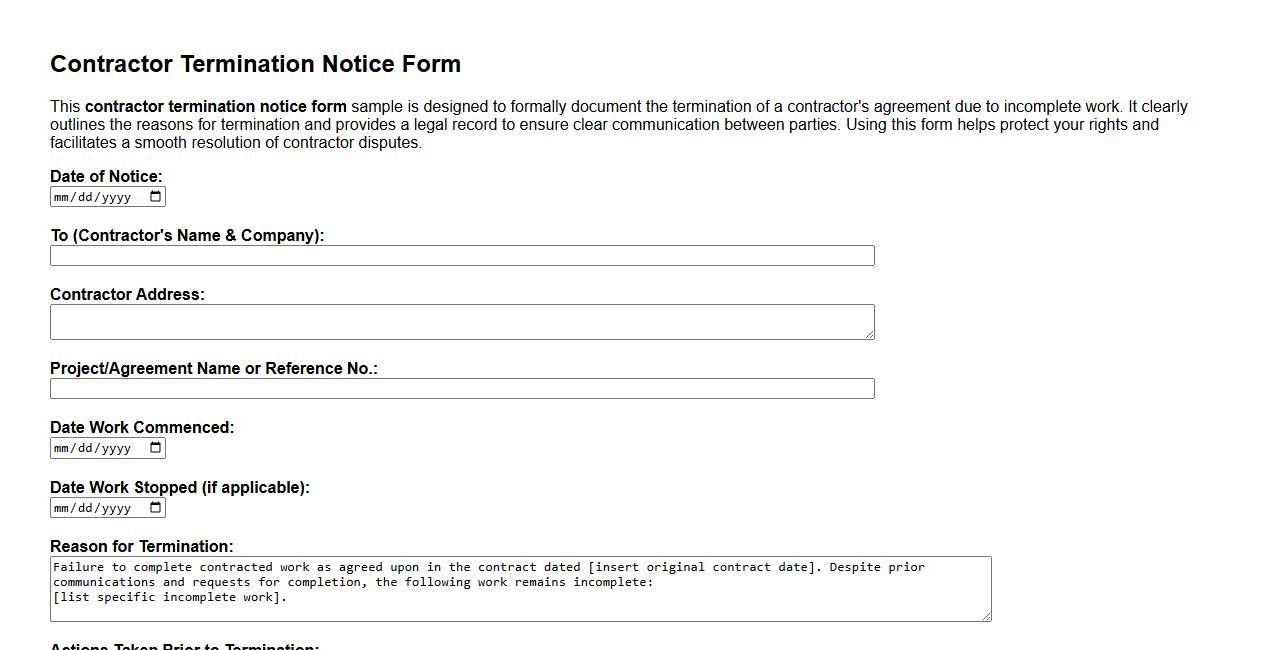 Contractor termination notice form sample for incomplete work image preview