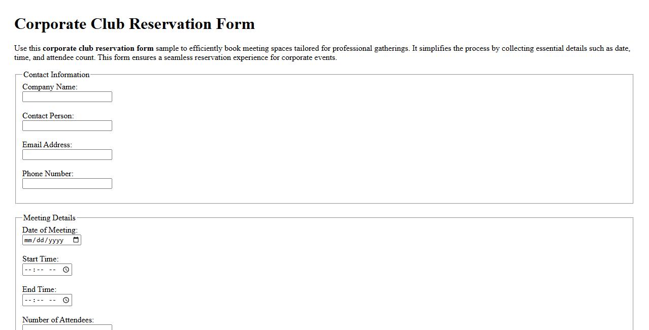 Corporate club reservation form sample for meetings image preview
