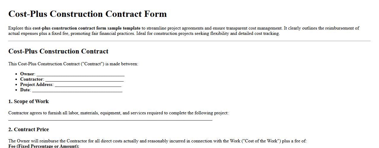 Cost-plus construction contract form sample template image preview