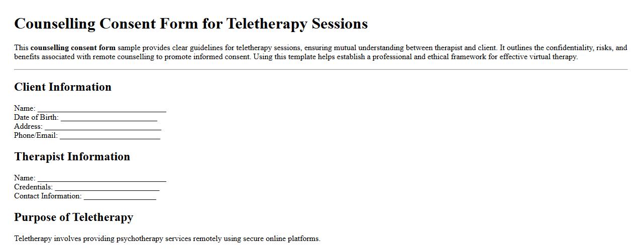 Counselling consent form sample for teletherapy sessions image preview