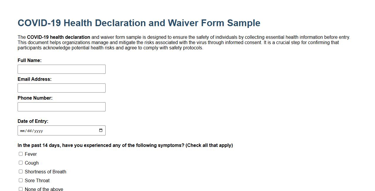 COVID-19 health declaration and waiver form sample image preview
