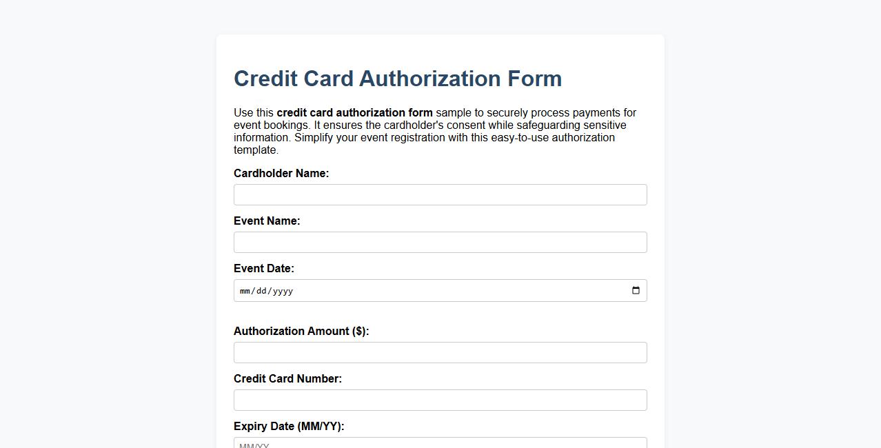 Credit card authorization form sample for event bookings image preview