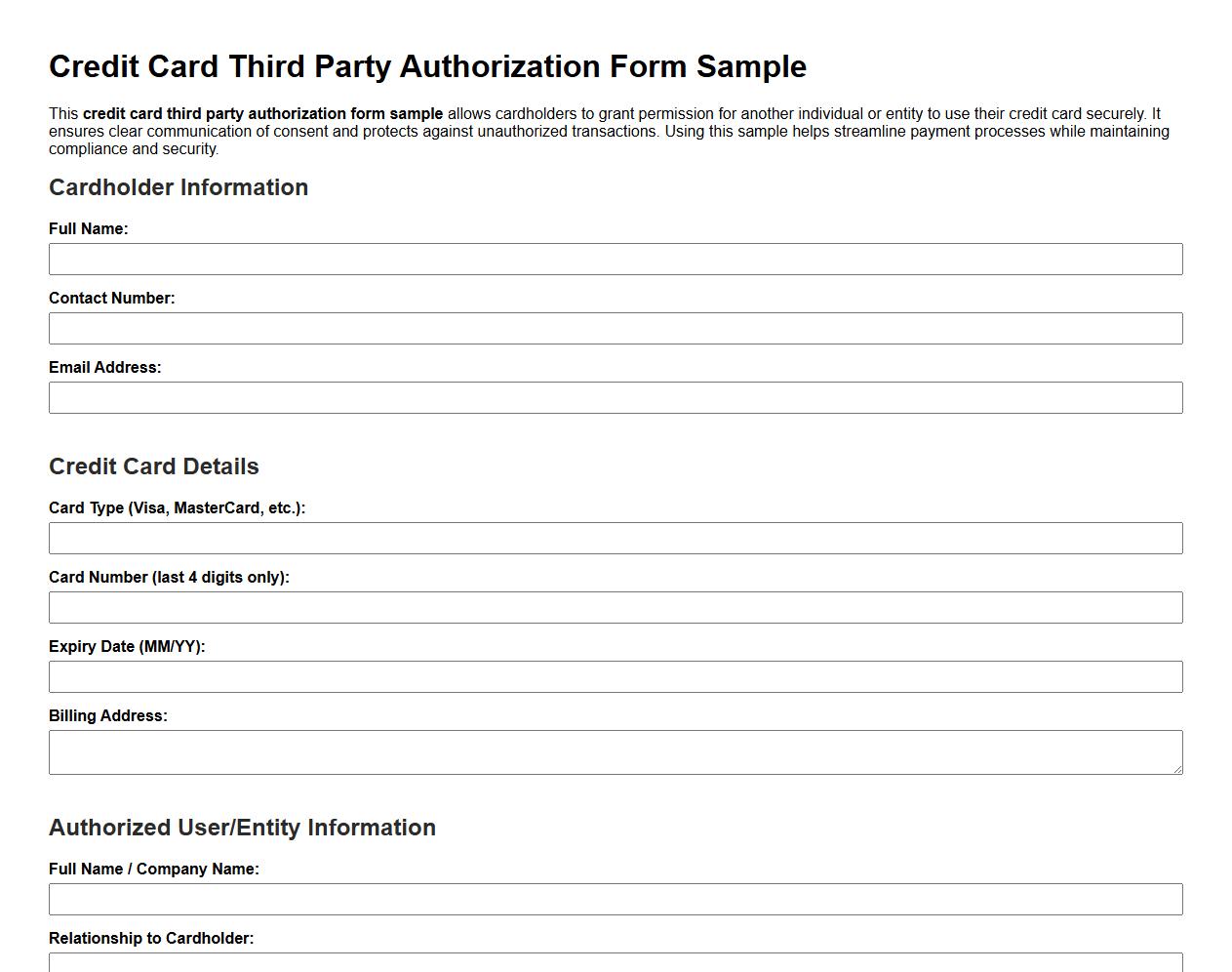 credit card third party authorization form sample image preview