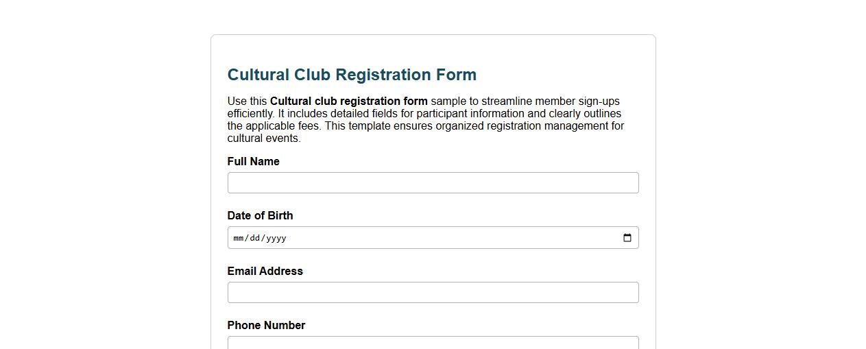 Cultural club registration form sample with fees image preview