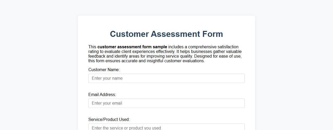 Customer assessment form sample with satisfaction rating image preview