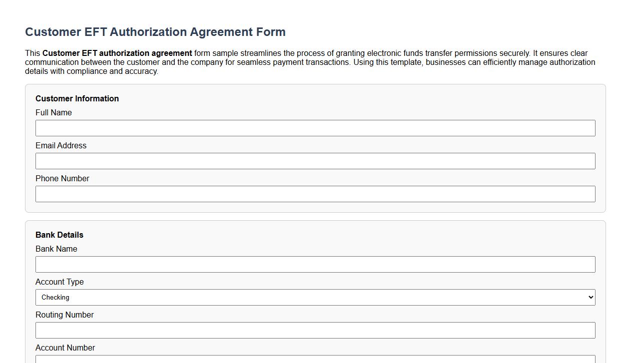 Customer EFT authorization agreement form sample image preview