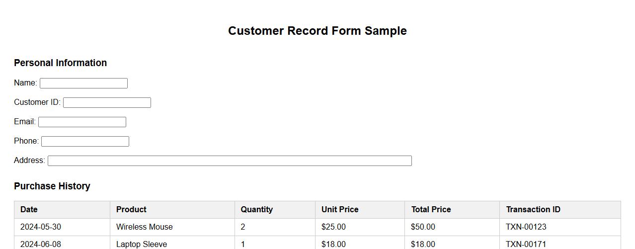 customer record form sample including purchase history image preview