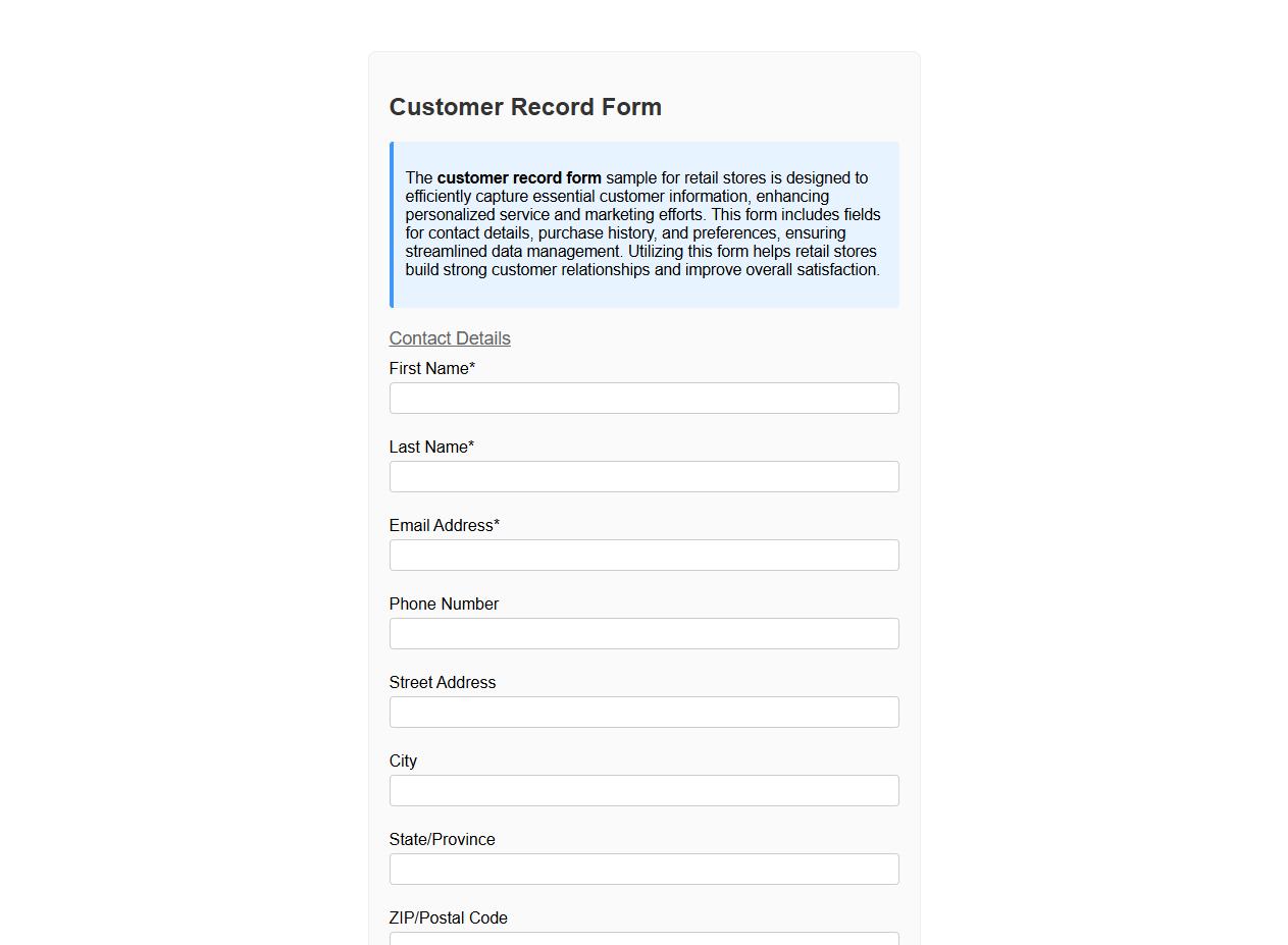 customer record form sample for retail stores image preview