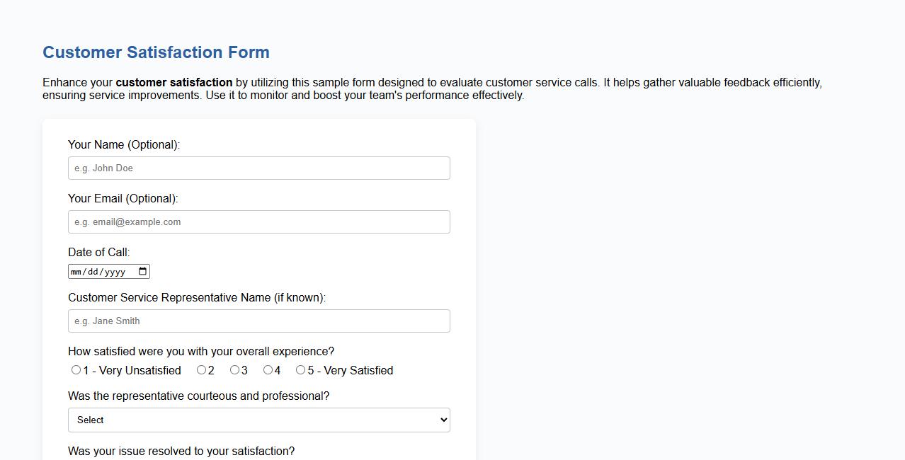 Customer satisfaction form sample for customer service calls image preview