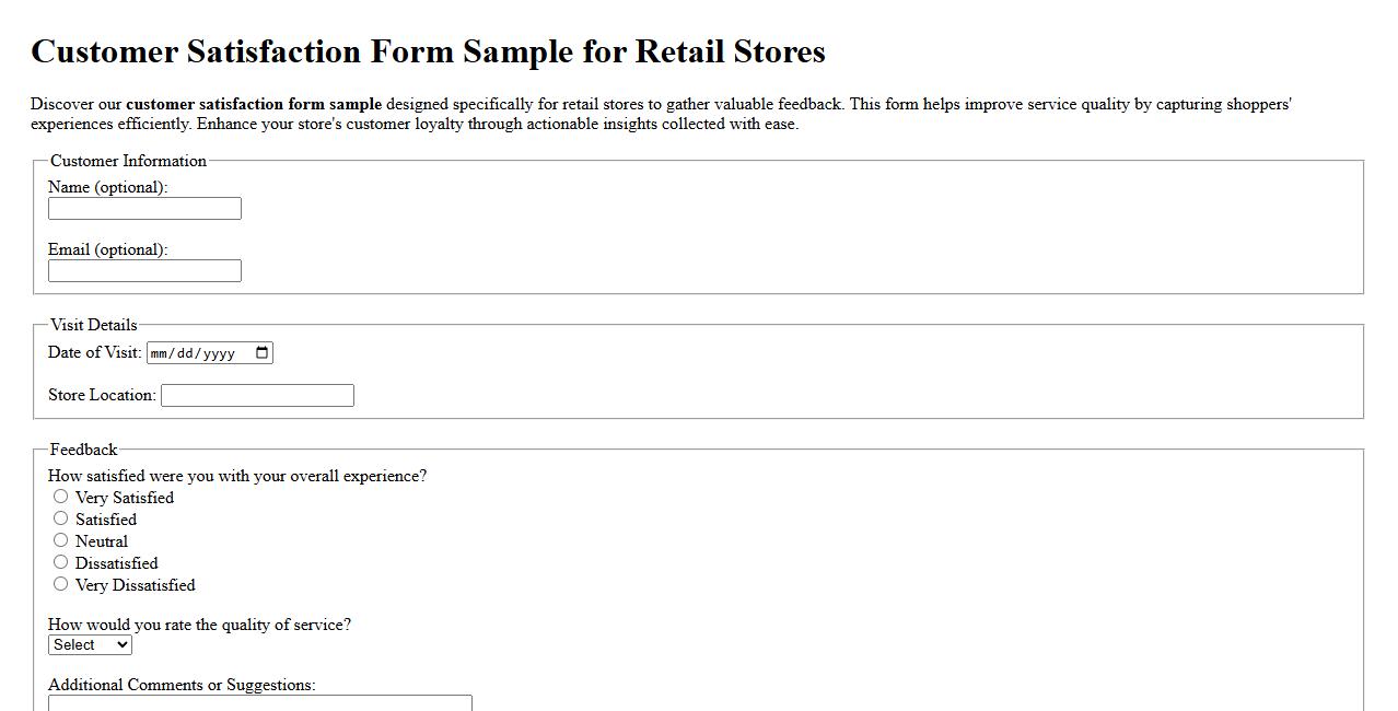 Customer satisfaction form sample for retail stores image preview