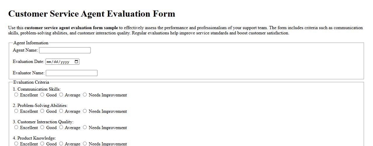 customer service agent evaluation form sample image preview