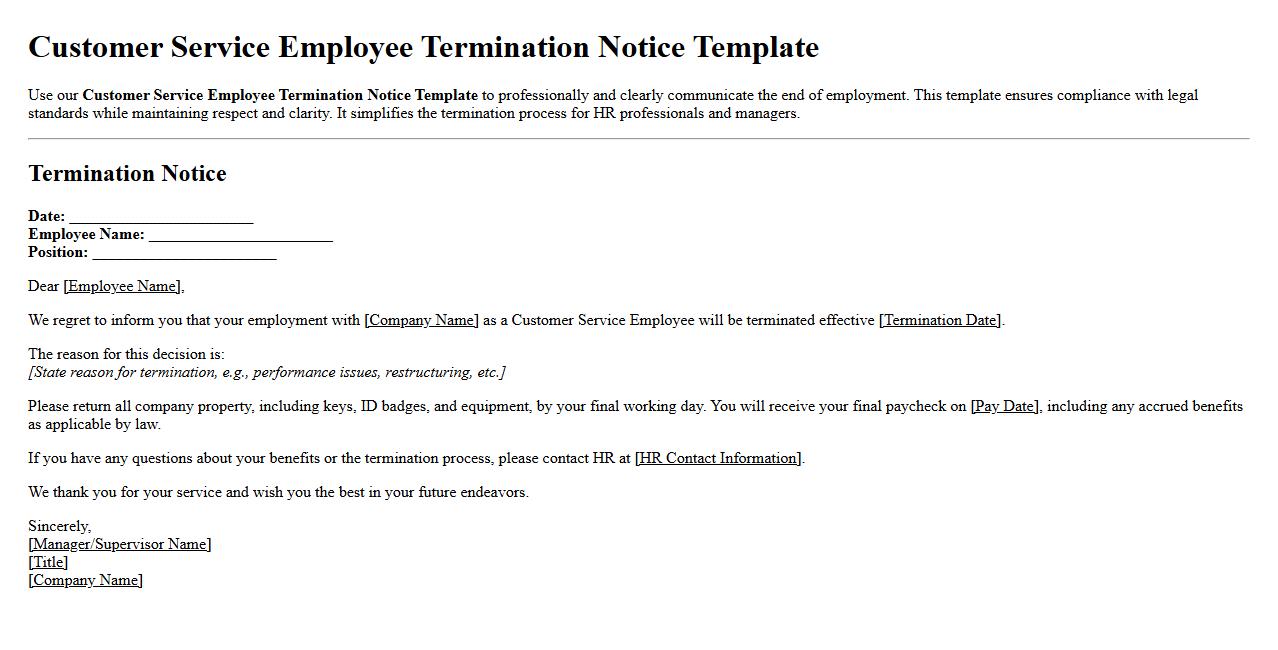 Customer service employee termination notice template image preview