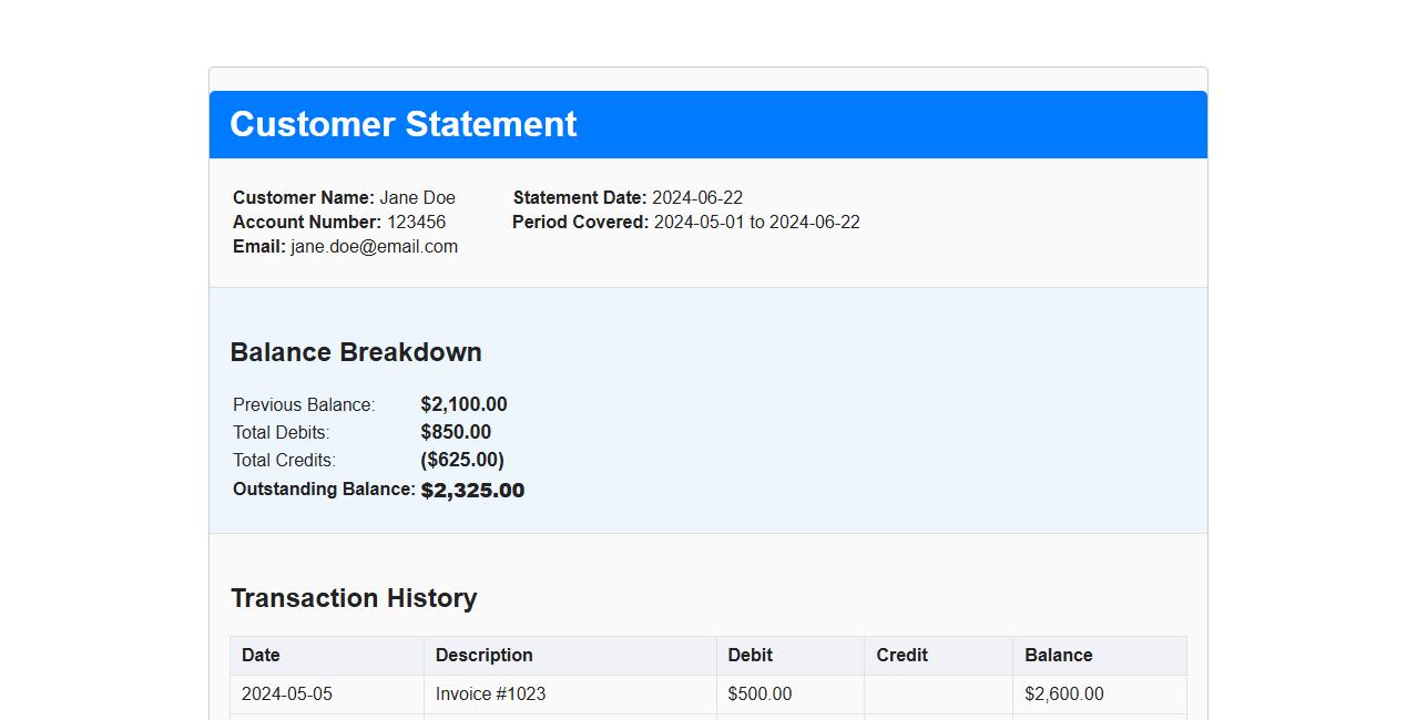 Customer statement template with balance breakdown image preview